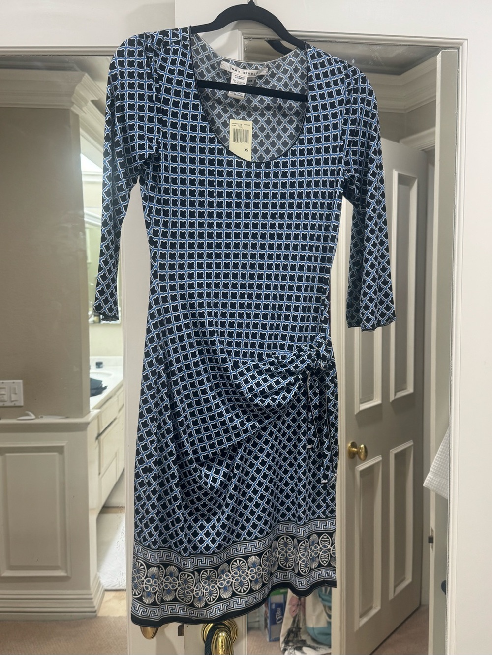 Max Studio Navy and Light Blue Patterned Midi Dress with Side Knot